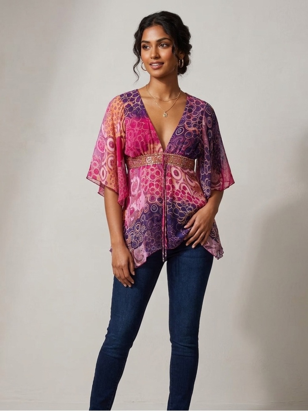Vintage Anna Paul Y2K Semisheer tie front short sleeve printed blouse size small
